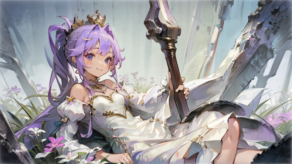 Smiling girl with light purple hair and a ponytail, Little princess crown,White Dress ,Flower Field