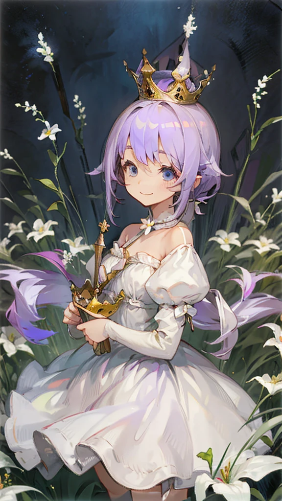 Smiling girl with light purple hair and short ponytail, Little princess crown,White Dress ,Flower Field