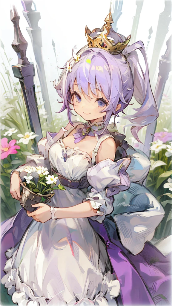 Smiling girl with light purple hair and short ponytail, Little princess crown,White Dress ,Flower Field