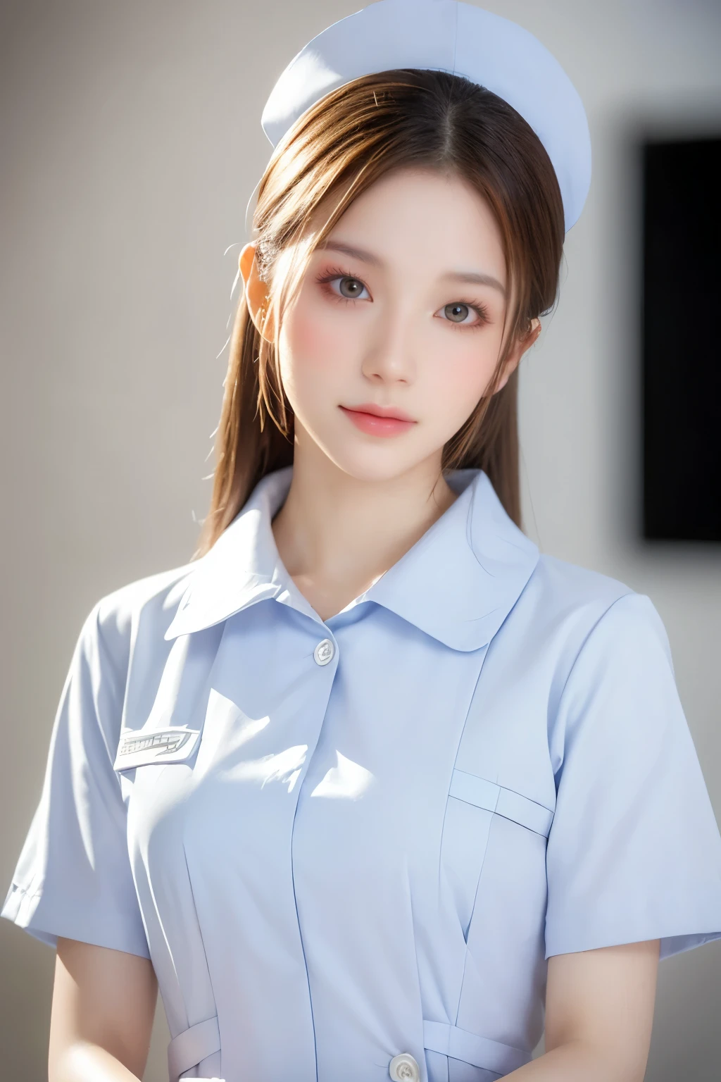 (Tabletop,highest quality,16k,Ultra-high resolution)、(One beautiful nurse:1.1),(The perfect white nurse uniform:1.1),beautiful hair,Accurate anatomy,(Strongly blurred white background:1.1),(very bright white lighting:1.1),(Close-up of face:1.3),Perfect beautiful makeup,Spectacular Cinema Lighting,Tyndall effect,(standing elegantly:1.1),