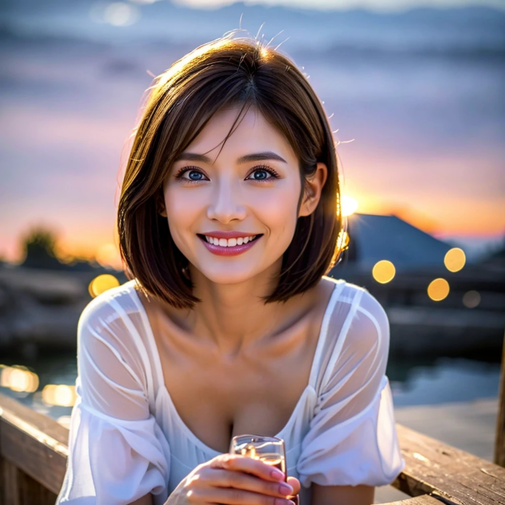 Product quality, 1 girl, Front view, a Japanese young pretty girl, Bob Hair, Glamorous figure, Upper body nude, Wearing a short, Sit in a tent by the river with a big smile on your face, hyper cute face, Glossy lips, double eyelids for both eyes, Natural makeup, Shiny smooth light brown bob hair, asymmetrical bangs, Tanned skin, central image, High resolution, high detailing, detailed hairstyle, Detailed face, Cinematic lighting, Octane Rendering, Vibrant, hyper realisitic, Perfect limbs, Perfect Anatomy