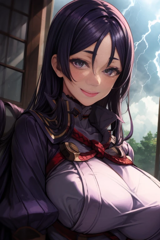 masterpiece, Best Quality, 1 Mature Woman, Lightning, A motherly smile, Huge breasts, Purple Hair, Simakos, Underbust,