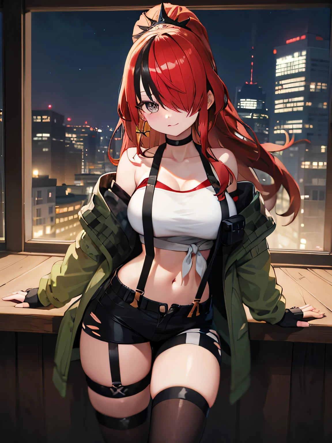 masterpiece, best quality, highres, hmlain, long hair, , ponytail, streaked hair, hair over one eye,, , hair over one eye, earrings, ,indoor,night view,looking viewer,, tube top, pouch, off shoulder, green jacket, open jacket, long sleeves, fingerless gloves, midriff, suspender shorts, black shorts, thigh strap, black thighhighs,big breasts