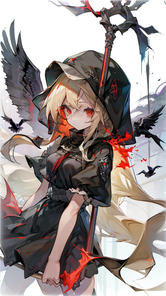 Girl blonde long hair red eyes, Black Dress, Holding a spear, Red Mist, Command the Crows