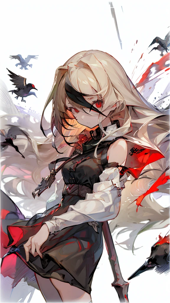 Girl blonde long hair red eyes, Black Dress, Holding a spear, Red Mist, Command the Crows