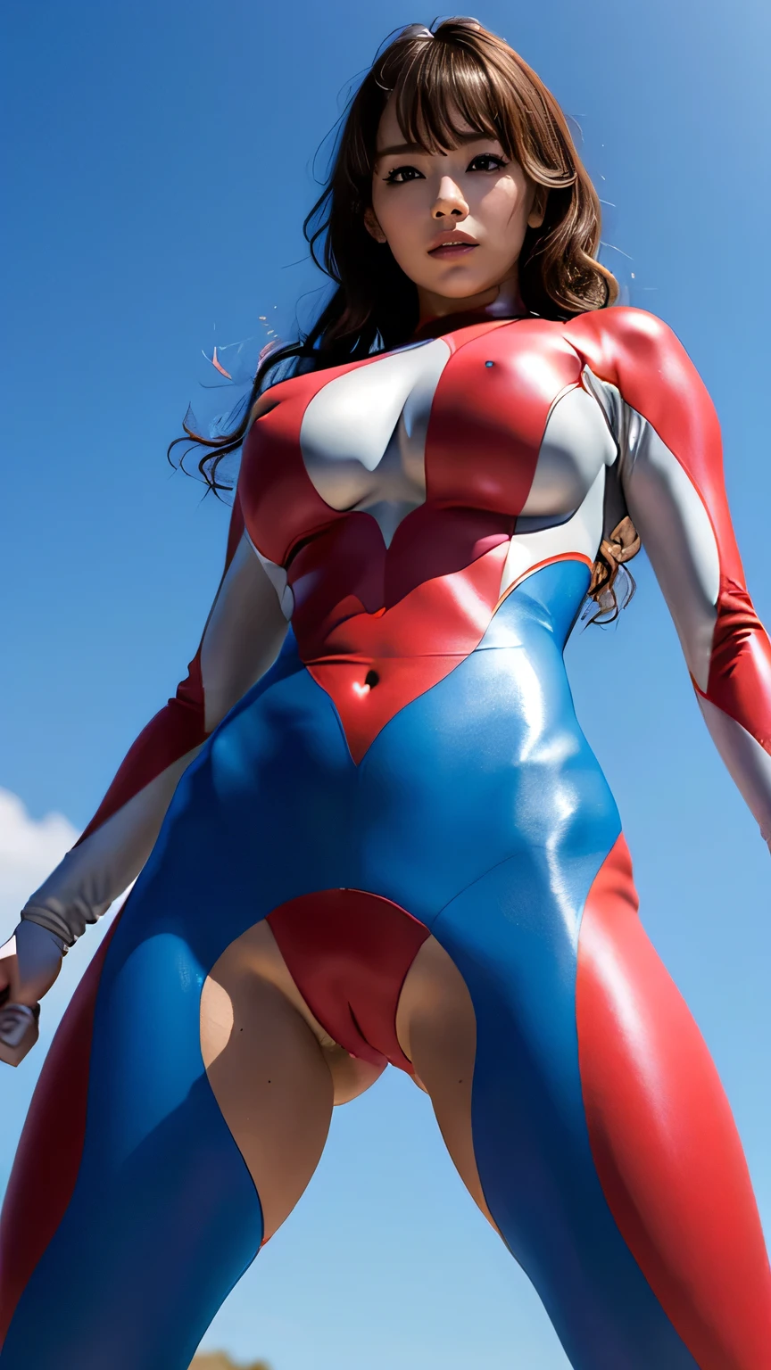 8kUHD, highly detailed natural skin, skin dimples, intricate details, (accurate anatomy of the body), (photorealistic:1.5), (sharp focus), fine and colorful, 1girl, realistic, realistic, cinematic lighting, girl in shiny red and silver Ultraman suit, 20 years old, professional photo, shot from the knees up, sexy bodysuit, see-through Ultraman-like bodysuit, power ranger suit, tight thin cyber suit, soft rubbery all over, suit with clearly visible body lines, (((Feminine body type))), very beautiful proportions, beautiful face, detailed and perfect face, big even eyes, large breasts, real skin, very big butt, (crotch gap), sexy thighs, long purple curly hair, (((camel toe))), facing front, standing facing front, (Dynamic pose: 1.2), (Changing pose: 1.3), (Dynamic angle from below: 1.4), (Minimalist background is a simple blue sky: 1.2), (Depth field: 1.3), (((Blurred))),