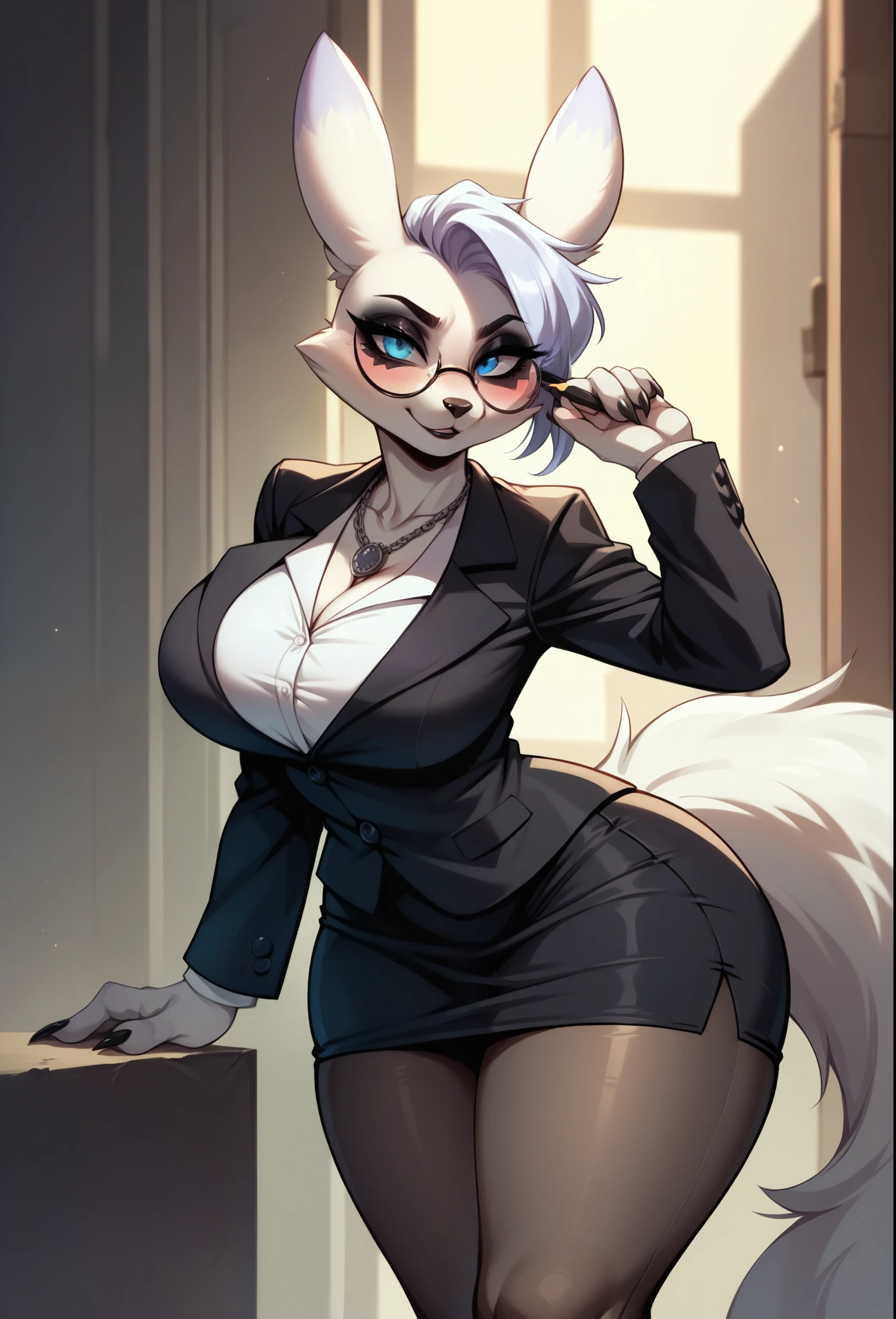 ((extremely detailed)), (((high resolution illustration))), (((masterpiece))), ((best quality)), high detail, cinematic lighting, Volumetric Lighting, Best Shadows, Shallow Depth of Field, Portrait Of Stunningly Beautiful Girl, Delicate Beautiful Attractive Face, (Highest Quality), (Amazing Details:1.25), Brilliant Colorful Paintings, thick thighs, shiny skin, fur, looking at viewer, (mature female), milf, long hair, red eyes, (furry:1.5), (anthro:1.2), <lora:JudyHopps_v1:0.5>, (wolf, wolf ears, wolf tail, wolf snout), office lady, office, office chair, business suit, eyeliner, arms to the sides, thigh highs, ((black and white hair)), (((standing))), bangs, office open jacket, black open blazer, thigh strap,