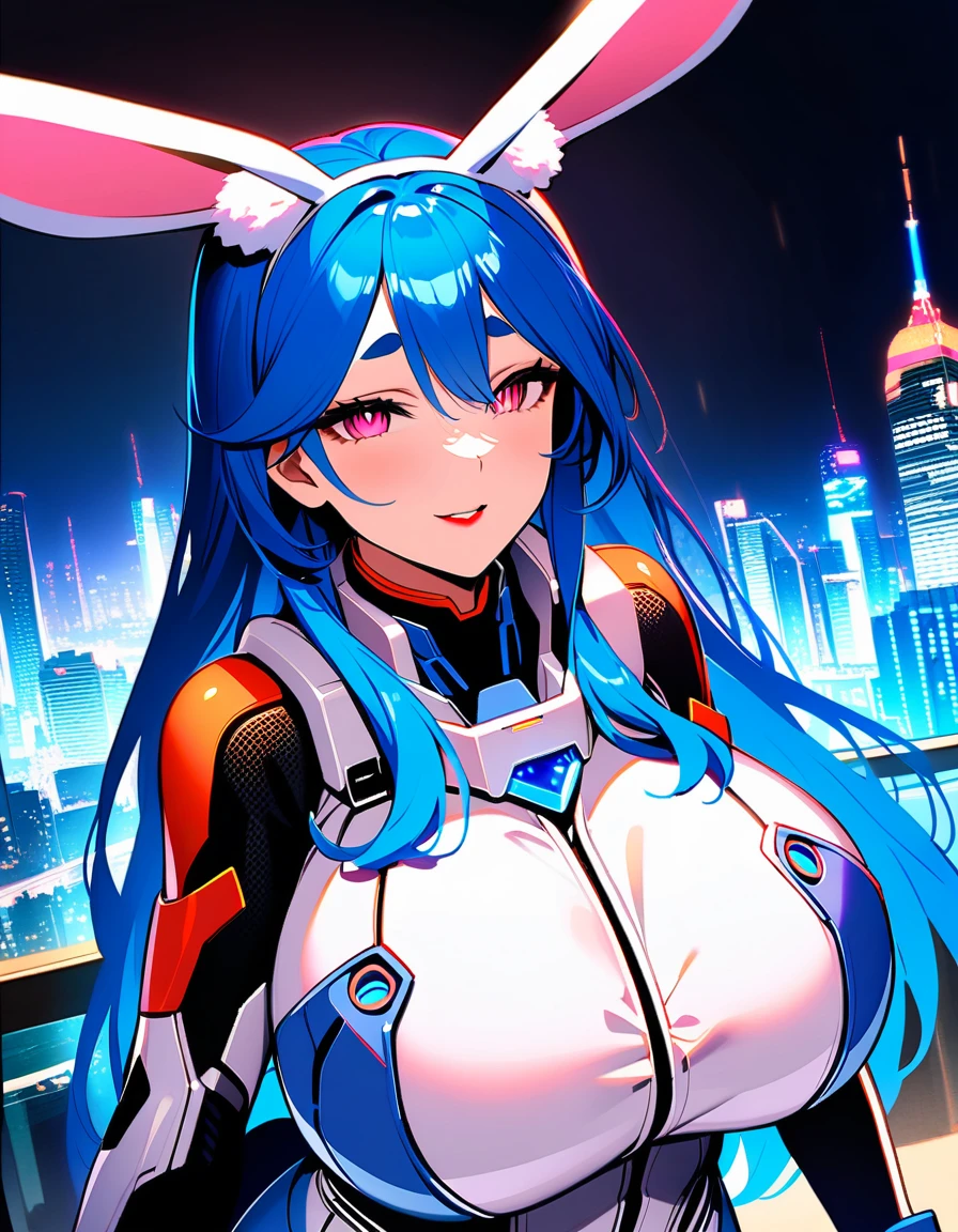 masterpiece, High image quality, Very detailed, One girl, Mature Woman, Alone, Bunny girl and, Pekomama, (Huge breasts:1.5), ((((Blue Hair), Long Hair, Pink Eyes, Vertical pupils, Bunny ears))), Red lips, (((Mechanical body suit, Blue syrup bodysuit))), ((Mischievous Smile), Mouth closed), ((Futuristic cityscape))