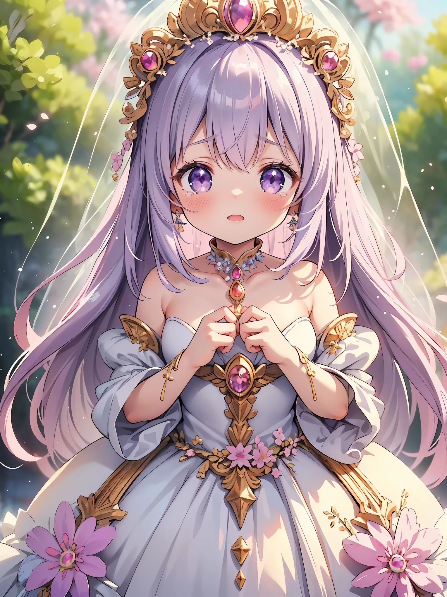 Super High Resolution Super Quality、anime、Zoom in Enlarge Colorful flowers、tears 、Fantasy、High quality texture of the clothes, princess dress, luxurious pure white wedding dress, dress with sparkling jewels, silver decoration, platinum, joy, beautiful girl has a nice body, spring, lilac hair, purple eyes, upper body, snap 