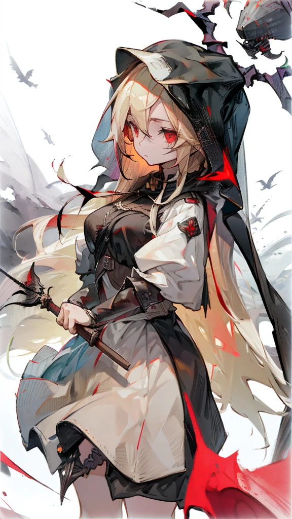 Girl blonde long hair red eyes, Black dress, black veil, Holding a spear, Red Mist, Command the Crows