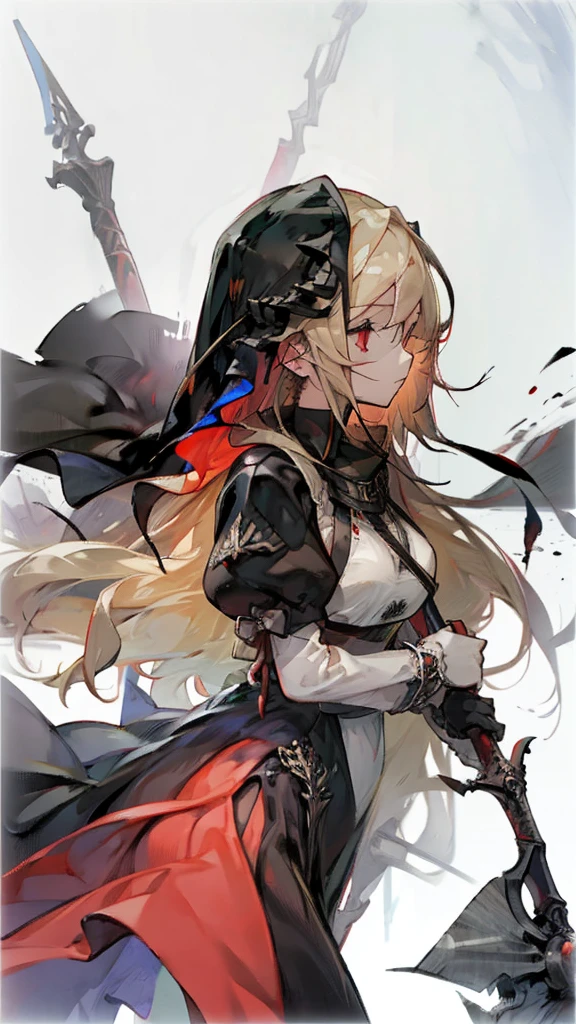 Girl blonde long hair red eyes, Black dress, black veil, Holding a spear, Red Mist, Command the Crows