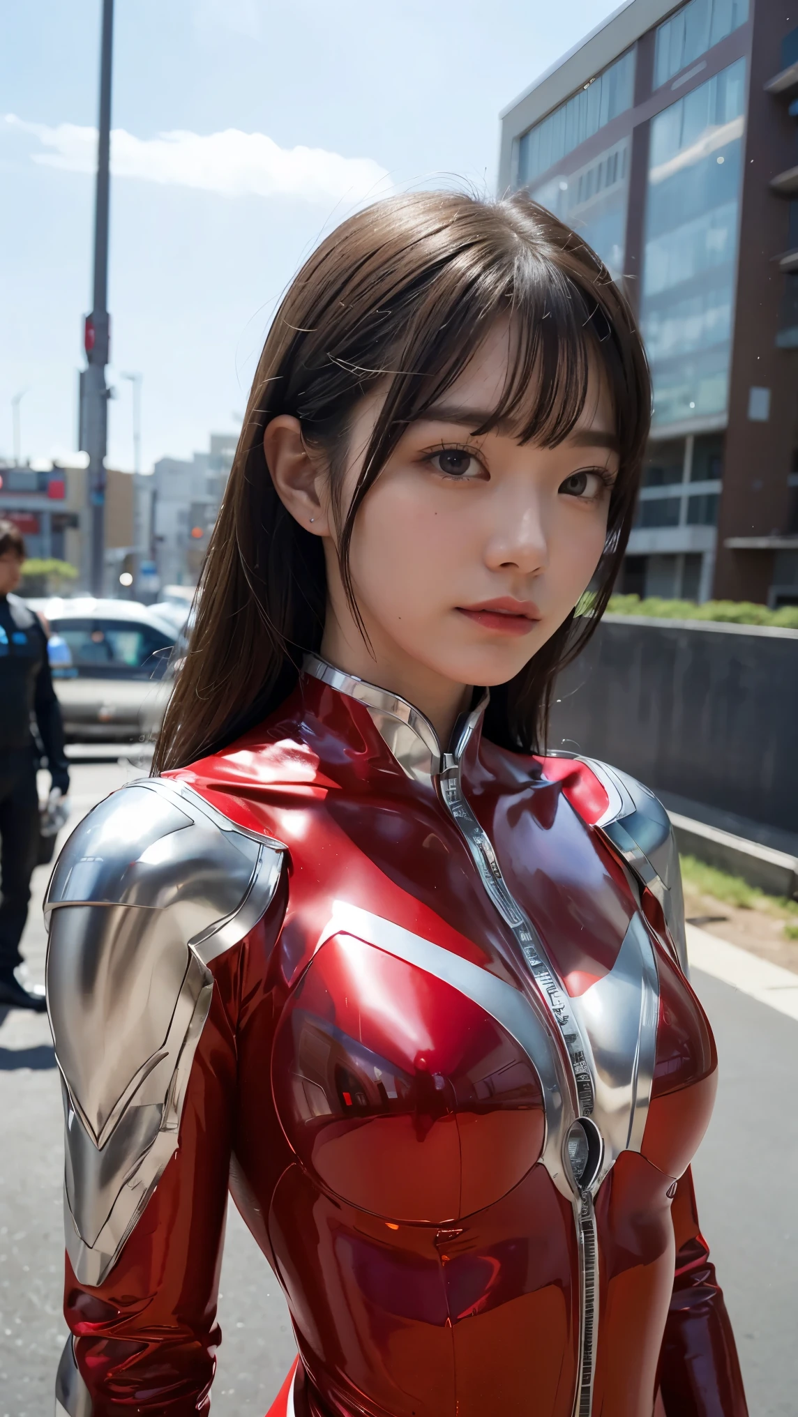 Ultraman、realistic、realistic、cinematic lighting, Girl in a shiny red and silver suit、、professional photos、Don&#39;Do not expose your skin, japanese model, japanese cgi、Ultraman Suit、, Power Rangers Suit、tight and thin cyber suit,Whole body rubbery、There&#39;s pink There、 delicate body, big breasts、small ass、thin thighs、thin arms、thin waist、camel toe、Both sides of the cyber suit stick to the skin、Big eyes、black short hair、facing the front、facing the front立っている、A glowing sphere is embedded in the chest.、Essay Examination、 (((blue sky background)))