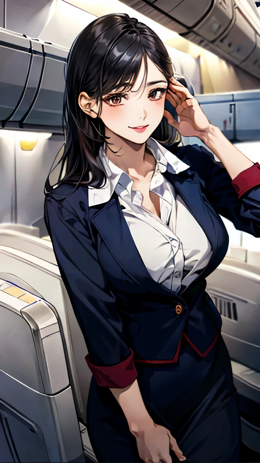 (masterpiece:1.3, Best Quality, Ultra-high resolution, Super detailed), (Realistic, photoRealistic:1.4), Beautiful illustrations, perfect lighting, Natural Light, colorful, Depth of written boundary, 
Beautiful detailed hair, Beautiful detailed face, Beautiful detailed eyes, Beautiful clavicle, Beautiful body, Beautiful breasts, Beautiful thighs, Beautiful legs, Beautiful fingers, Shiny skin, 
Watching the audience, 1 girl, (stewardess, flight attendant), (Perfect Anatomy, Anatomically correct, Super detailedな肌), Cute and symmetrical face, Perfect Face, Perfect Eyes, , 
(Long Hair, Half Up:1.1, Black Hair), Side bangs, Brown eyes, Droopy eyes, Big Eyes, Long eyelashes, (Large Breasts, Seductive thighs), slender, Great style, 
(Detailed cloth texture), break (Japan Airlines uniform, jacket, skirt), break 
(Beautiful views), evening, (On the plane:1.2), walk, (Dynamic pose), (Beautiful smile, Above the eyes, Open lips), 