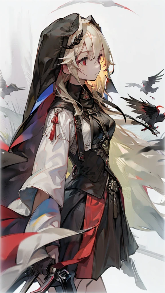 Girl blonde long hair red eyes, Black dress, black veil, Have a long spear, Red Mist, Command the Crows