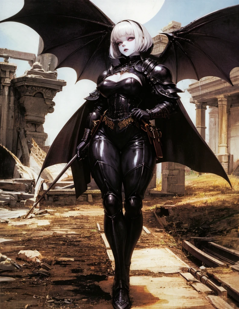 (best lighting) (best quality, masterpiece:1.2), (absurdres), 4k, (detailed eyes), (detailed face), alluring, vampire woman medieval armour and latex bodysuit with short black hair, blunt cut bangs and ((pale white skin)). Large bat wings. Curvy. She's standing in front of an old gothic castle illuminated by a large moon over head, ((black armour)), dark, moody, ((gothic)), ((dark fantasy)), medieval