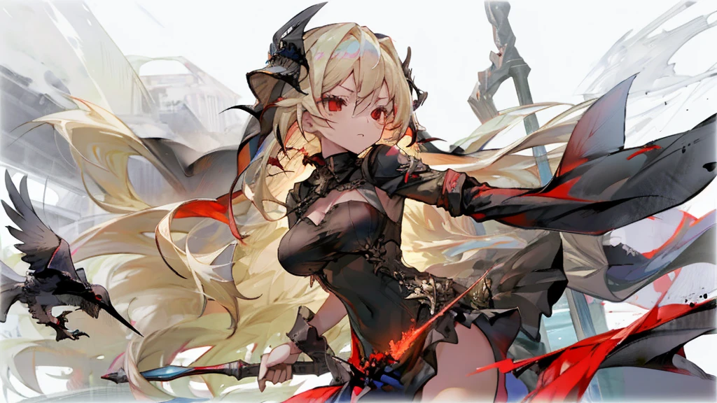 Girl Blonde Long Hair Red Eyes Large Breasts, Black dress, black veil, Have a long spear, Red Mist, Command the Crows