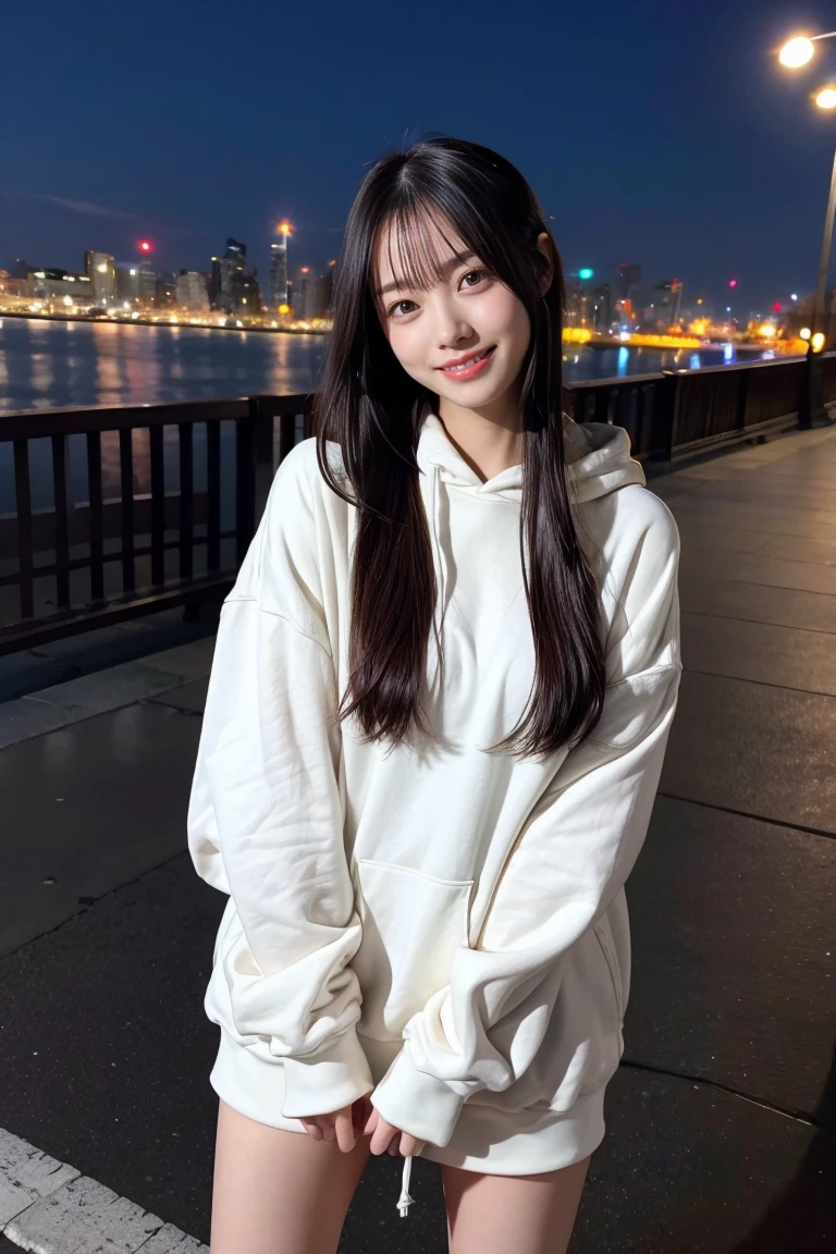 ((from below)), extremely detailed face, (grin), (solo), young woman, (beautiful black straight long hair), 20yo, delicate eyes, shiny lips, ((standing position)), looking at viewer, (huge breasts), full body, BREAK (overly long sleeves, oversized_hoodie), ((bare thigh)), outdoor, ((in Metropolis)), ((white sneaker)), beautiful hipline, BREAK (best quality), 8K, (photo realistic), absolutely resolution, ultra detailed, masterpiece, natural lighting, ((((hair blowing in the wind)))), ((night, neon, night view))