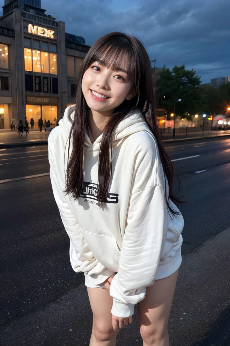 ((from below)), extremely detailed face, (grin), (solo), young woman, (beautiful black straight long hair), 20yo, delicate eyes, shiny lips, ((standing position)), looking at viewer, (huge breasts), full body, BREAK (overly long sleeves, oversized_hoodie), ((bare thigh)), outdoor, ((in Metropolis)), ((white sneaker)), beautiful hipline, BREAK (best quality), 8K, (photo realistic), absolutely resolution, ultra detailed, masterpiece, natural lighting, ((((hair blowing in the wind)))), ((night, neon, night view))