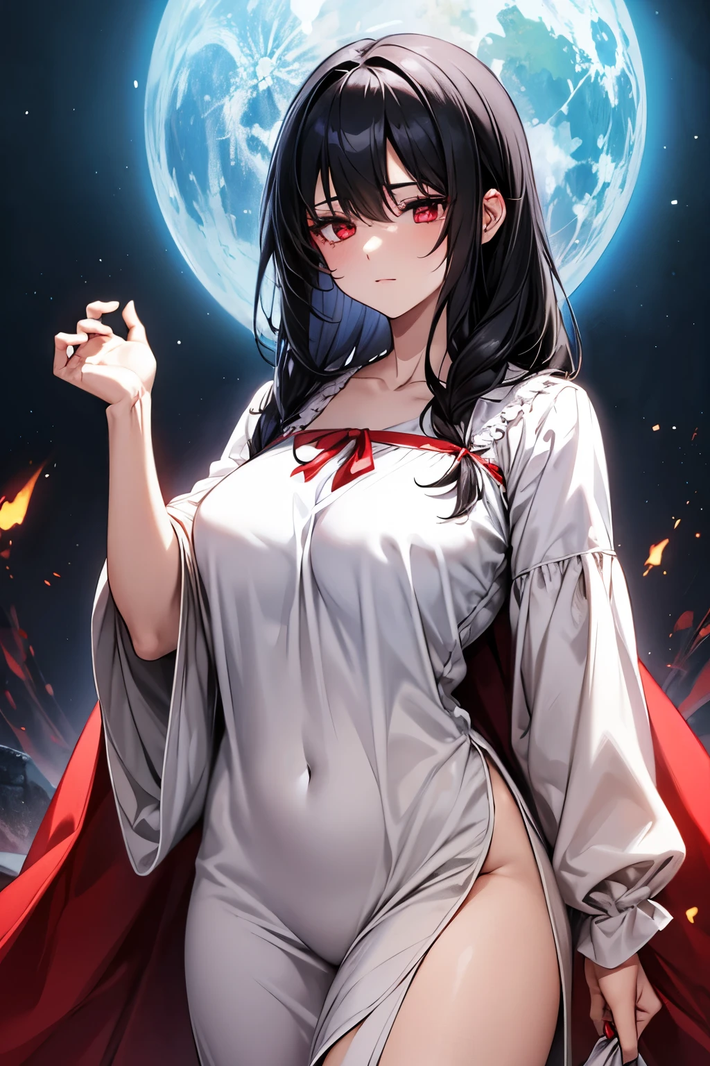 1 Girl, long black hair, luminous red eyes, pale skin, pink lipstick, torn red tunic, small breasts, celestial Yumeko Jabami, cosmic background with planets, bright red markings on her body, red horns on top of her head, crown of fire , Yumeko holding a Black Hole (Tom - 618)