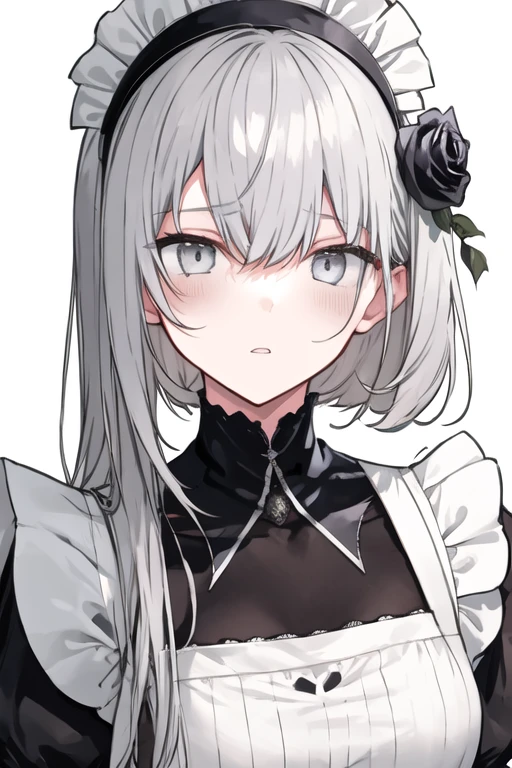 1 Girl, maid_Headdress, Solitary, Rose, flower, maid, grey_Eye, hair_flower, Bangs, looking_exist_Viewer, White_background, black_flower, Simple_background, With collar_shirt, Eyebrow_Visible_pass_hair, separate_Lips, hair_Decorations, black_Rose, portrait, shirt, Cropping_Shoulder 