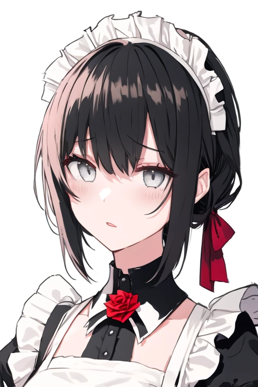 1 Girl, maid_Headdress, Solitary, Rose, flower, maid, grey_Eye, hair_flower, Bangs, looking_exist_Viewer, White_background, black_flower, Simple_background, With collar_shirt, Eyebrow_Visible_pass_hair, separate_Lips, hair_Decorations, black_Rose, portrait, shirt, Cropping_Shoulder 