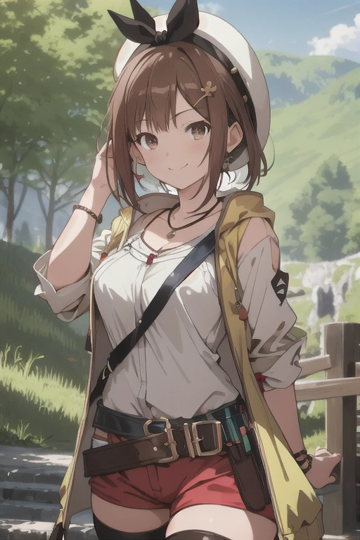 riza, brown hair, single glove, thighhighs, brown eyes, red shorts, jewelry, belt, hat, white headwear, necklace, yellow jacket, hair ornament, short hair, brown glove, shirt, standing, looking at viewer, smile, outdoors, nature, smile, dynamic angle, 1girl, (masterpiece:1.3), (high resolution), (8K), (extremely detailed), (4k), (pixiv), perfect face, nice eyes and face, (best quality), (super detailed), detailed face and eyes, (solo), textured skin, absurdres, highres