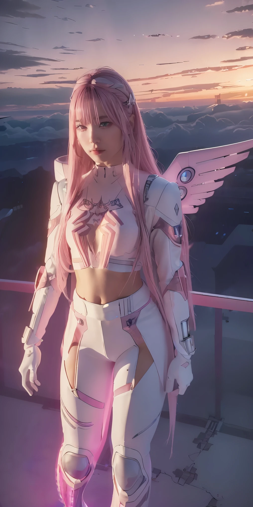 ((masterpiece, best quality, extremely detailed), volumetric lighting, ambient occlusion, colorful, glowing), 
1girl, solo, young girl, (pink hair), long hair, halo, aura, sacred, goddess, cyber suit, (spiderwoman outfit:1.3), android, bot, angel wings,
outdoors, sunset, sky, clouds, space, (cyberpunk theme:1.2),