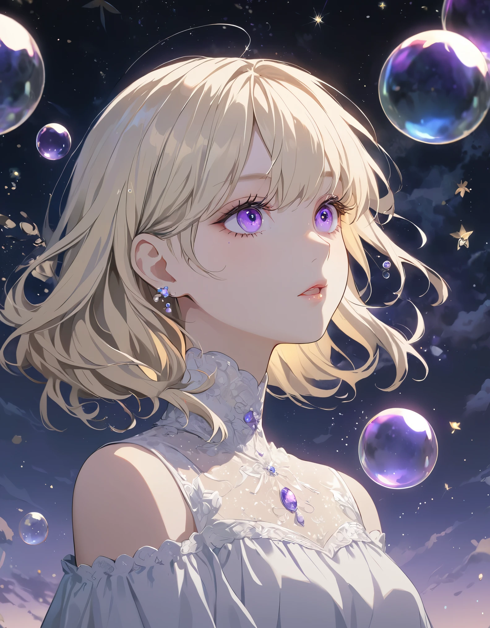 (Highest quality:1.2), Beautiful lo-fi minimalist vibe, Cute Highest quality:1.2), Beautiful lo-fi minimalist vibe, Cute, a beautiful anime style girl with light blonde hair, violet eyes, blowing bubbles under a starry night sky, extremely detailed face and eyes, long eyelashes, natural expression, elegant dress, soft lighting, muted colors, cinematic composition, fantasy, dream-like, surreal atmosphere