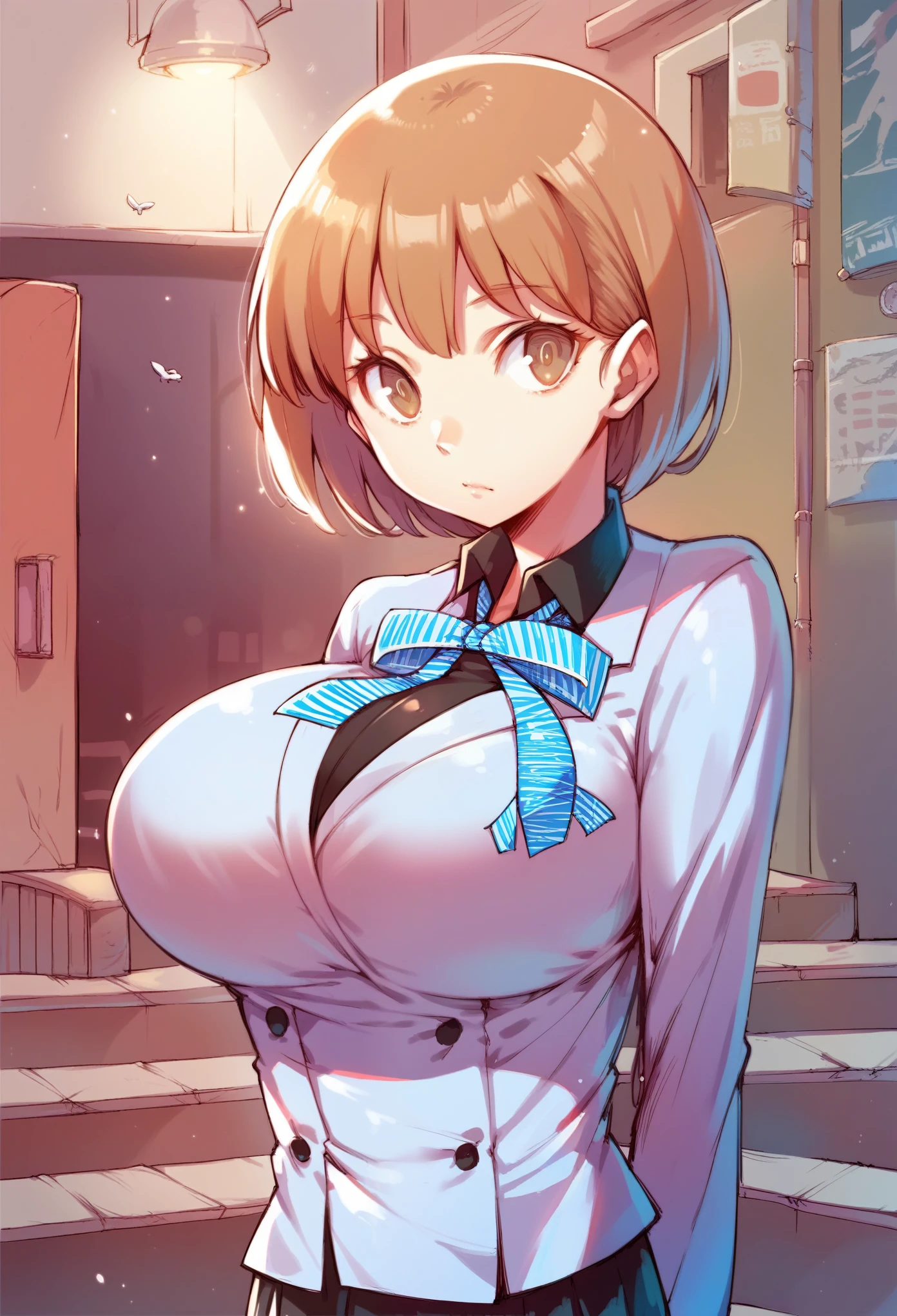 source anime,iodesu2,school uniforms,short hair,brown hair, brown eyes, school uniform, ribbon, collared shirt, black skirt,(large breasts:1.4),clothed,Clothed Big Tits,Good growth,Healthy Body,full bust,busty,(Beautifully shaped breasts:1.1) ,(round breasts),((slender)),toned ,(Skinny Body:1.4),((perfect body)),(breast focus),indoors,bedroom,random situation,night,outdoors