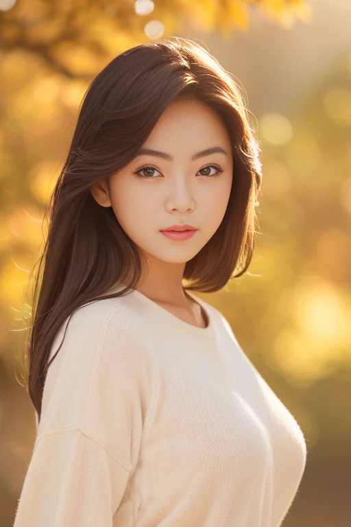 photorealistic, Real Photo, anatomically correct, accurate, textured skin, super detail, 
1 girl, beautiful Japanese girl, 
looking at viewer, Natural Makeup, 
large breasts, 
autumn Clothing, 
natural lighting, blurred background, depth of field,