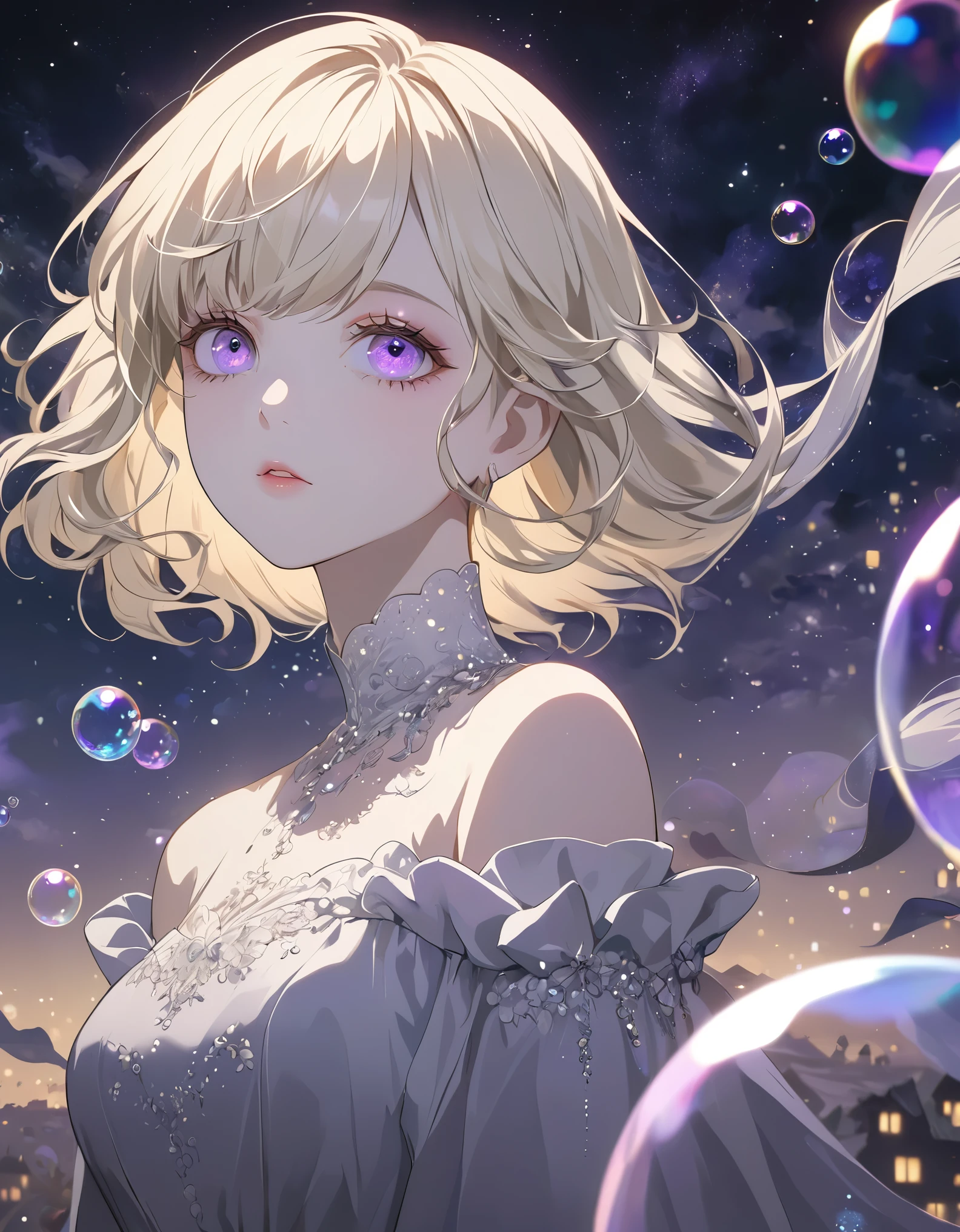 (Highest quality:1.2), Beautiful lo-fi minimalist vibe, Cute, a beautiful anime style girl with light blonde hair, violet eyes, blowing bubbles under a starry night sky, extremely detailed face and eyes, long eyelashes, natural expression, elegant dress, soft lighting, muted colors, cinematic composition, fantasy, dream-like, surreal atmosphere