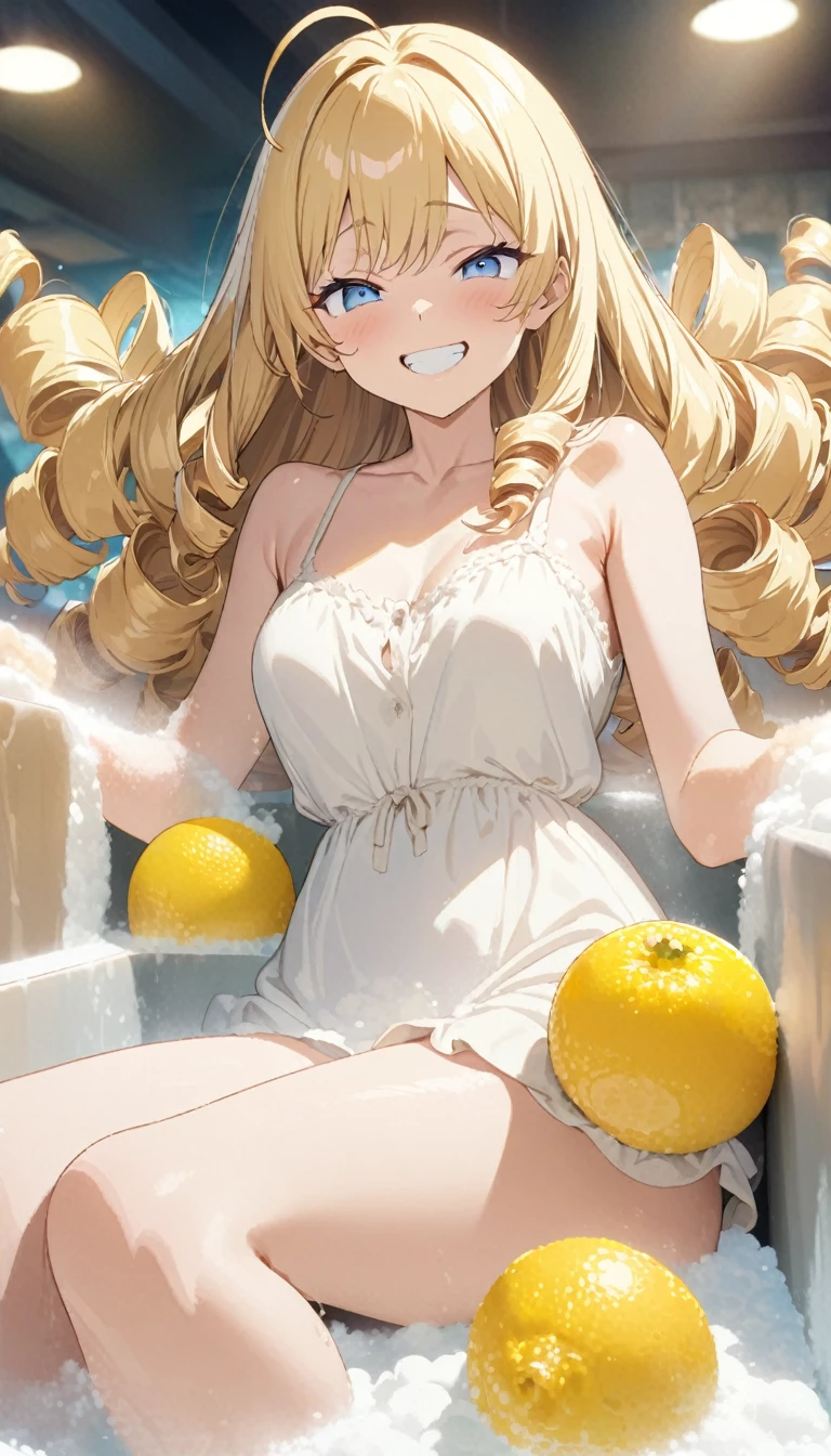 best quality, masterpiece, highres, solo, {shaga_ayame_bento:1.15}, blonde_hair, long_hair, glasses, blue_eyes, 1girl, bikini, breasts, swimsuit, white_bikini, cleavage, drink, large_breasts, front-tie_top