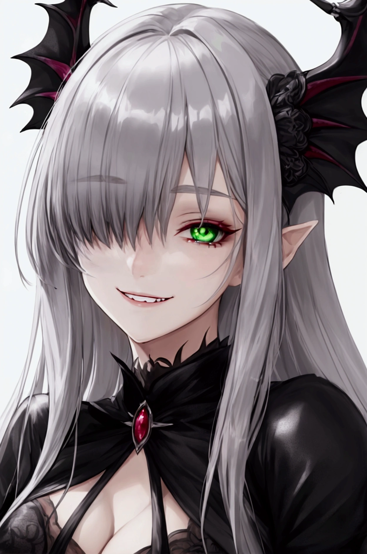 vampire,Silver Hair,girl,Green Eyes,Looking up,Close-up of face,Grinning face