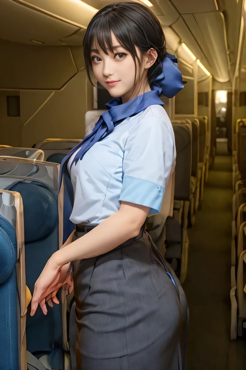 (masterpiece:1.2, Best Quality:1.2), 32K HDR, High resolution, (Alone、1 girl)、（On the roof of a building during the day、Professional Lighting）、Building rooftop background、（ANA cabincrew uniform blueを着たリアルスタイル）、（（ANA cabincrew uniform blue short sleeve blouse 、 ANA cabincrew uniform blue skirt with blue line on the back、Scarf around the neck））、Dark brown hair、（Long Hair、Hair tied up、Hair tied up）、Dark brown hair、Long Shot、Big Breasts、Thin legs、（（Great hands：2.0）），（（Harmonious body proportions：1.5）），（（Normal limbs：2.0）），（（Normal finger：2.0）），（（Delicate eyes：2.0）），（（Normal eyes：2.0））)、smile、（ANA cabincrew uniform blueを見せた美しい後ろ姿）、Hands down
