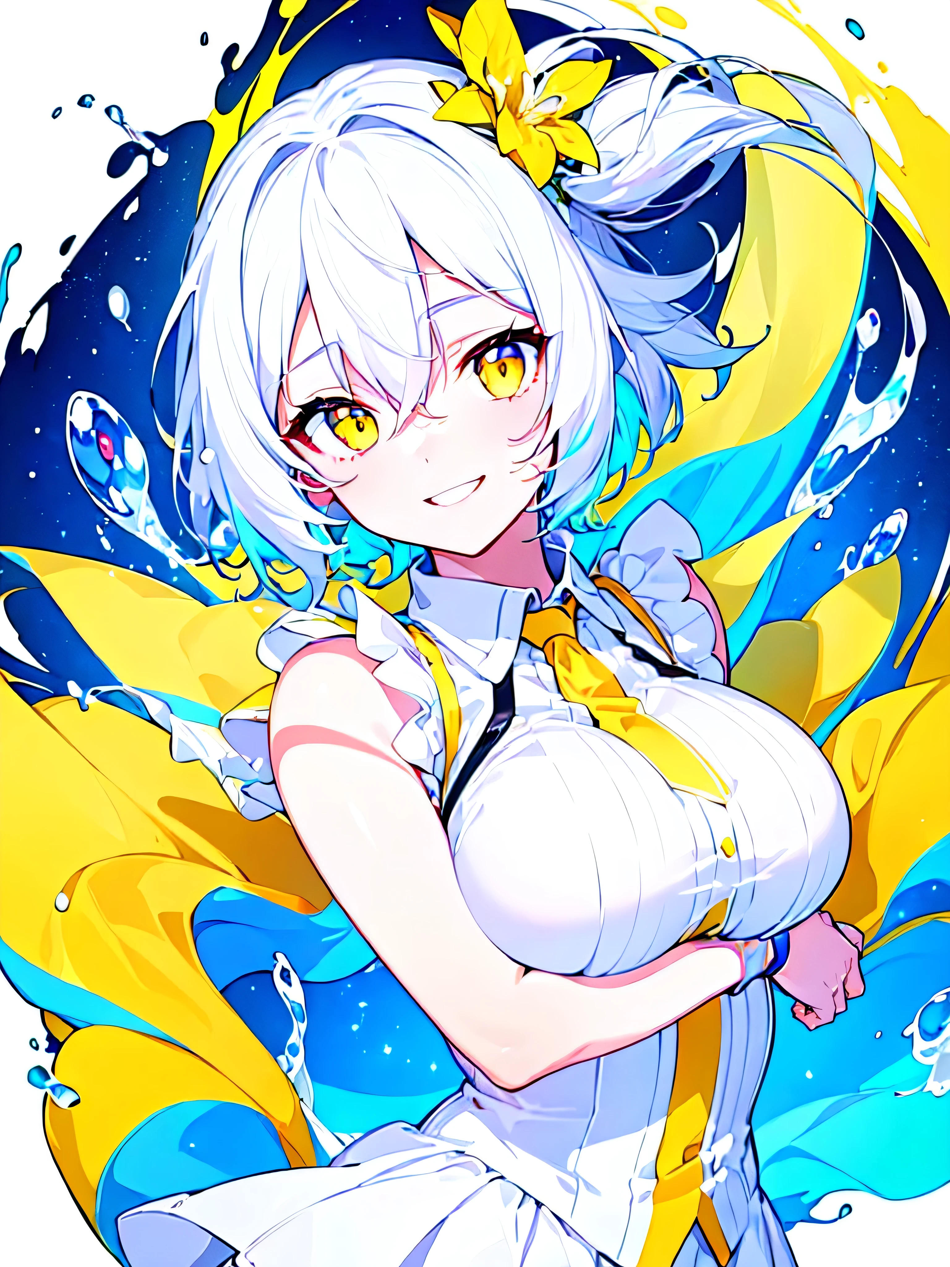 vector art, 1girl, hime cut, white hair, blunt bangs, ahoge, blush, yellow eyes, short girl, little tits, showing tits, grin, full body, short girl, grin, grinning, naked, flat color, thick outline, outline, no clothes, nsfw