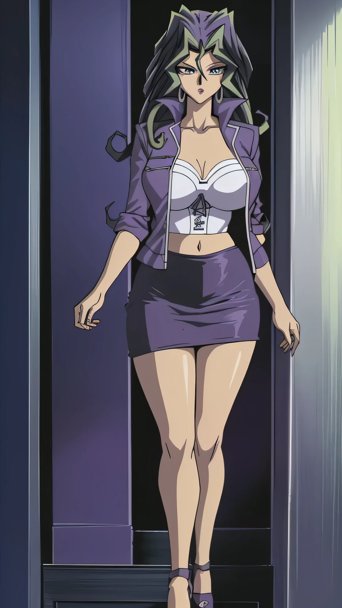 A tall beautiful attractive sensual big breast sexy youthful curly black hair long green eyes dressed in a metallic purple coat under a white corset bra shows belly button and short purple skirt black heels