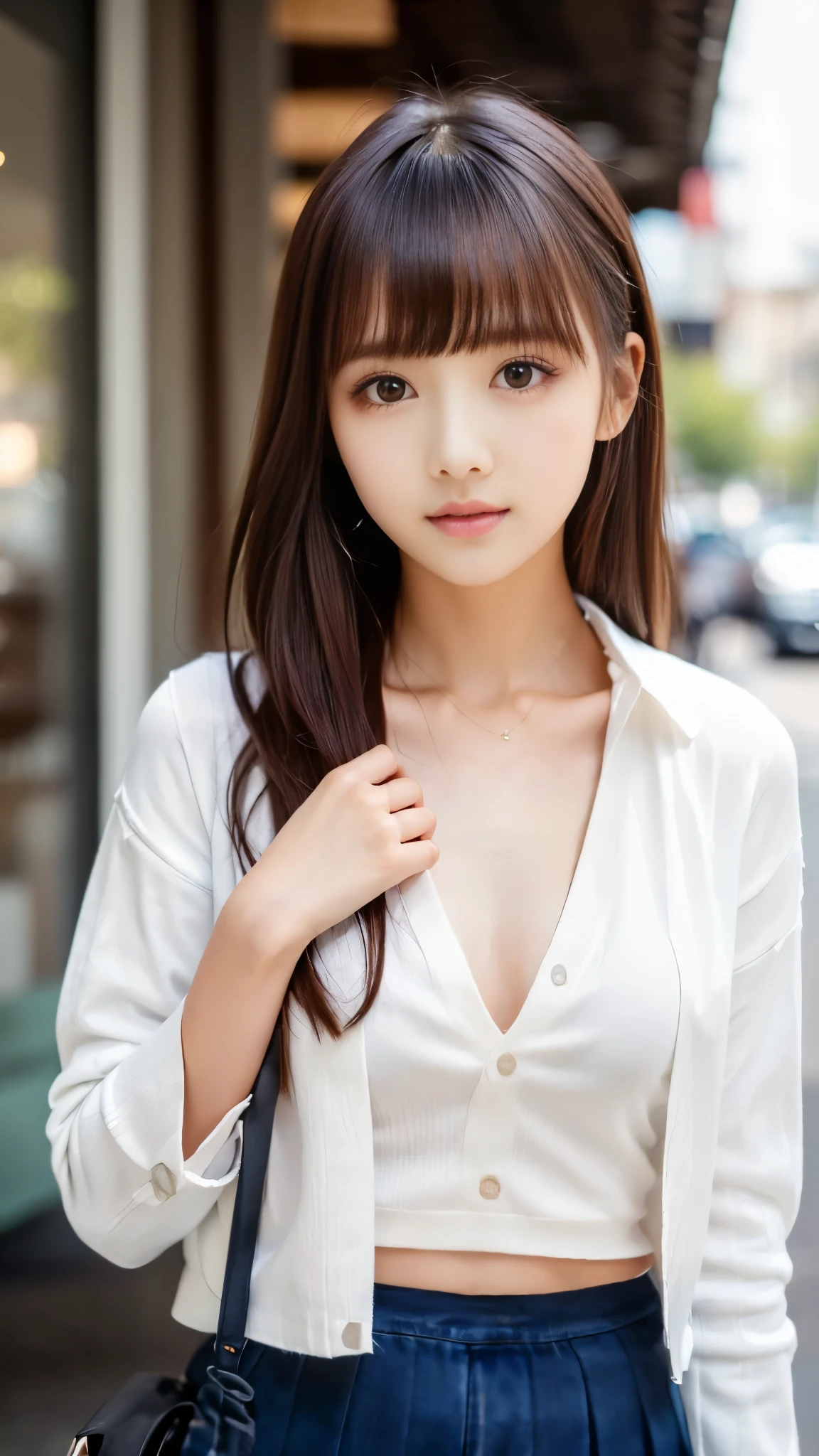 8K Raw photograph，A high resolution;，21-year-old Korean female high school student，Large, round breasts，校服，tiese，tiese，Ivory blazer，Superskirt，beautiful eyes in detail，long eyelasher，beautiful double eyelid，eye shadows，Slit-eye，Sanpaku eyes，Heavy eye makeup，evilsmile，beautiful thin legs，high ponytails，School Classroom, Ultra-fine face, Fair eyes, 二重まぶた,Ultra-detailed face,Detail Lip,Detail hair,Detail eyebrows,the detail: Dita, the detail, line of sight,actual,of photos,exquisite detailing,