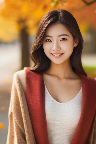 photorealistic, Real Photo, anatomically correct, accurate, textured skin, super detail, 
1 girl, beautiful Japanese girl, 
looking at viewer, Natural Makeup, (light smile:0.2),
large breasts, 
autumn Clothing, 
natural lighting, blurred background, depth of field,