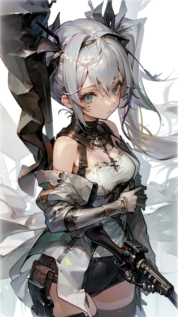 Girl Silver Hair Twintails, Half Mail,Small sword,gun,Huge breasts,Panty shot