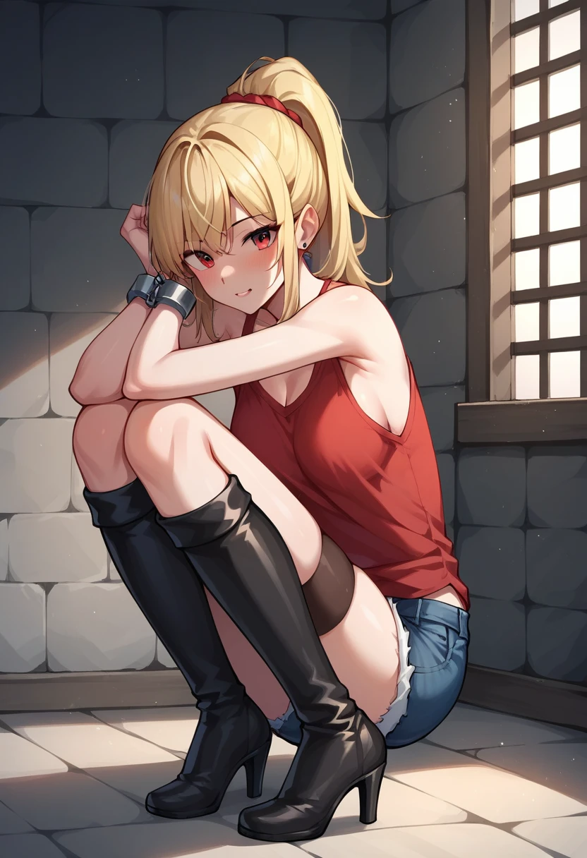 score_9, score_8_up, score_7_up, score_6_up, score_5_up, score_4_up, source_anime, 1girl,16 years, teenager, worth, blonde hair, ponytail, red eyes, w-w-chain,shackles,loose hair, red shirt, jeans shorts,black thigh boots, heels ,evening, dungeon, best quality, best res, 4K UHD,
 