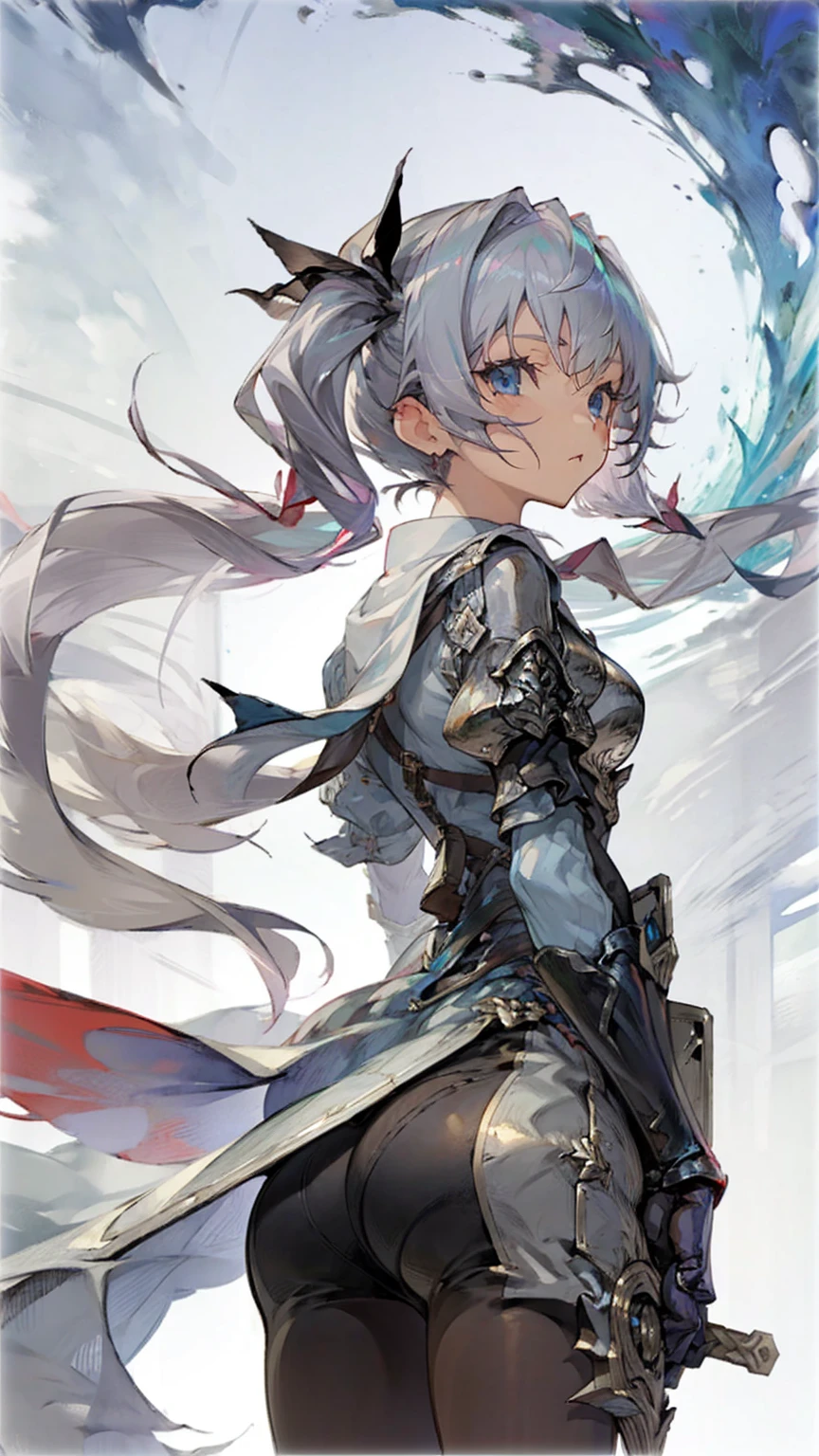 Girl, silver hair, blue eyes, twin tails, Half Mail,Small sword,Huge breasts, Ass, Turn around