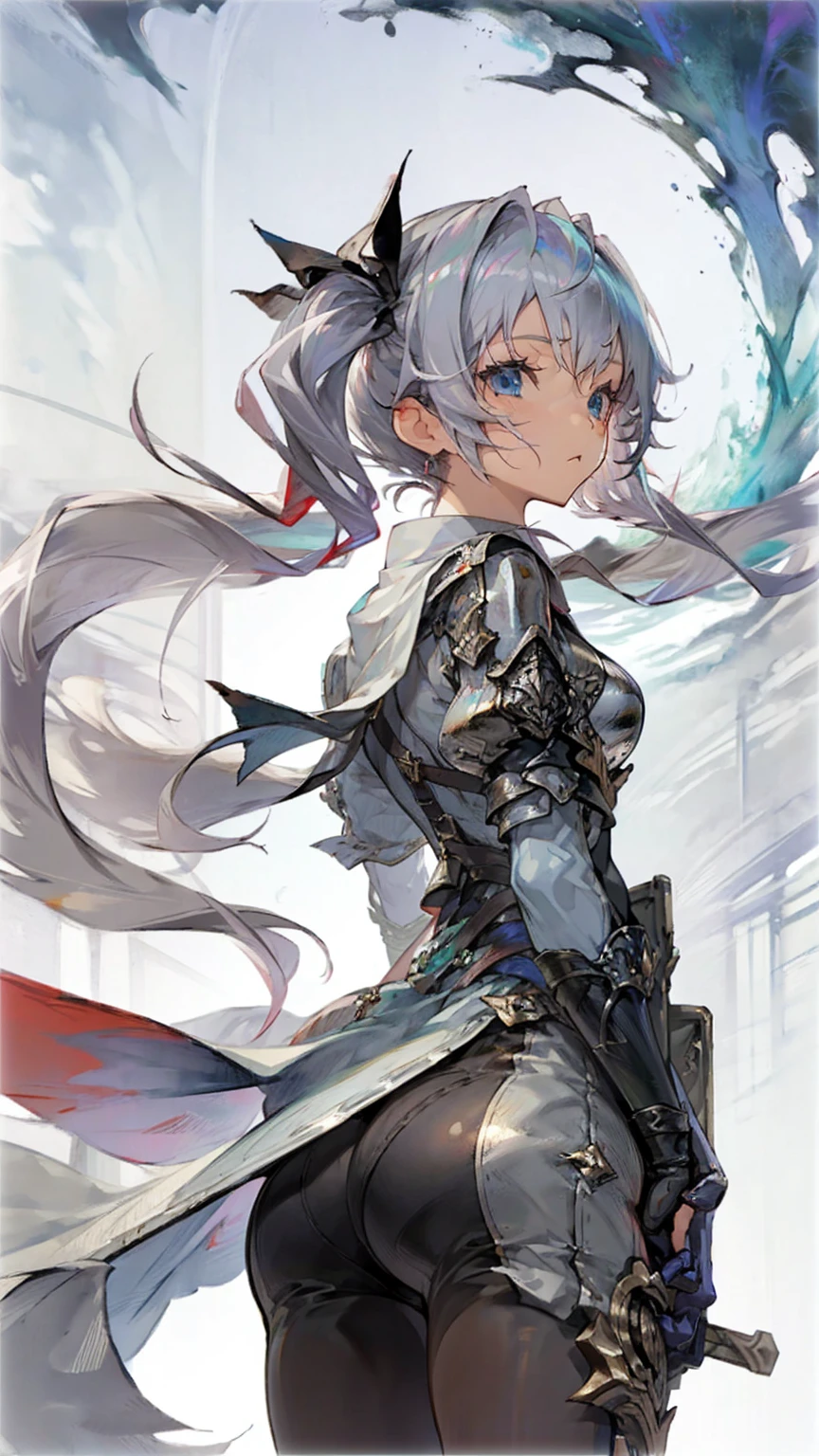 Girl, silver hair, blue eyes, twin tails, Half Mail,Small sword,Huge breasts, Ass, Turn around