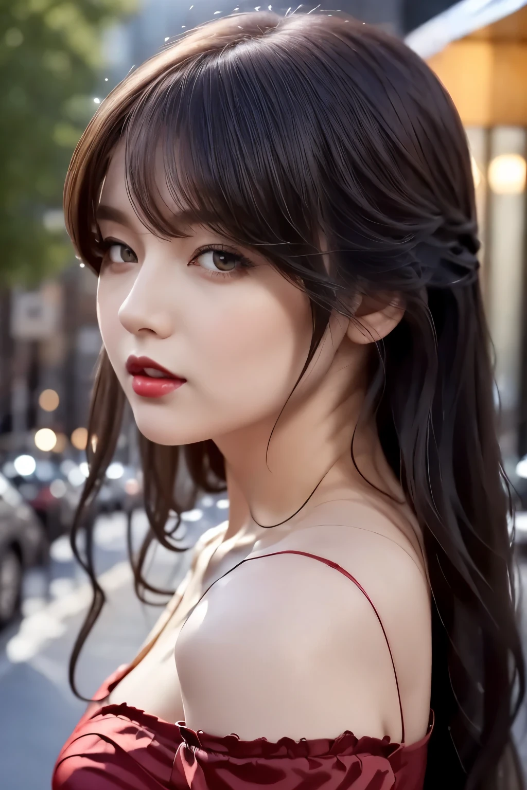 (masterpiece),(Best Quality:1.0), (Ultra-high resolution:1.0), Detailed illustrations, 8k, anime, One girl, beautiful anime girl, Wearing a red dress, corolla, Beautiful Face, Detailed face, Beautiful Eyes, Detailed eyes, Deep red eyes, Dark red lips, Red lipstick, Beautiful stylish hair, Hair highlights, bangs anime style, Best Quality, Vibrant