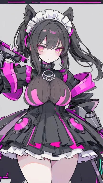 anime girl in a black and white kimono outfit holding a pink bat, in a dark space mercenary outfit, wearing techwear and armor, maid outfit, black shiny armor, chrome outfit, gapmoe yandere grimdark, roblox avatar, pale black armor, multilayered outfit, black white pastel pink, mechanic punk outfit, slick pink armor, black white pink, maid