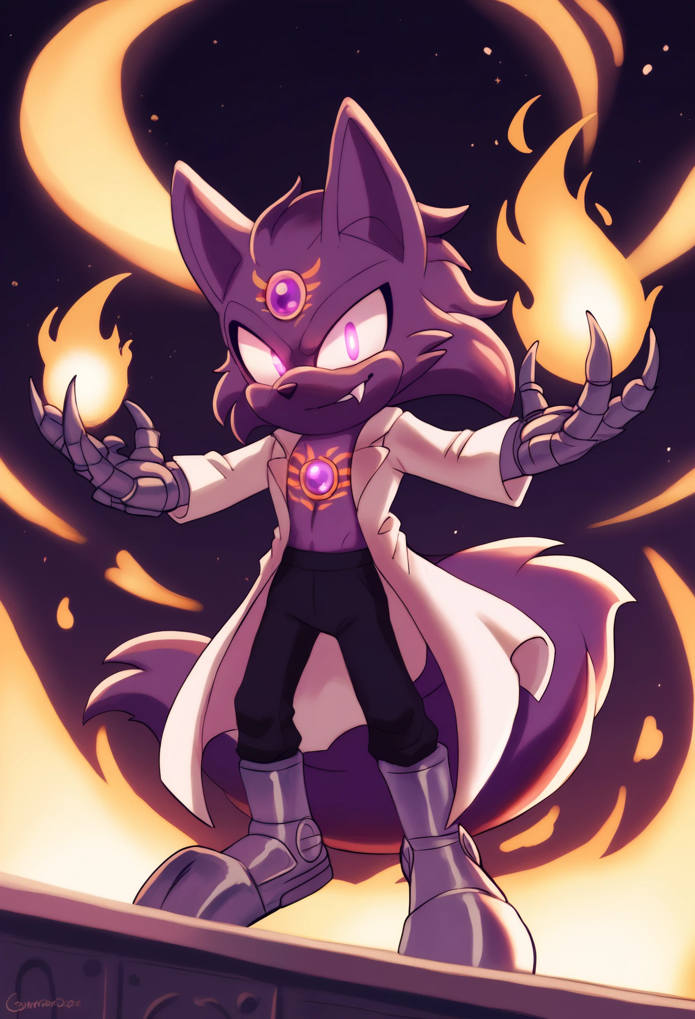 1boy, male fox mobian, anthropomorphic, galaxy fur, void black fur with stars, glowing purple eyes, mischievous smile, sharp vampiric fangs, wearing a white lab coat, black t-shirt, black pants, lab coat with various pockets, steel-toed boots, sharp steel claws, Goggles, amethyst gemstone on forehead and back of hands, wielding dark shadow flames, dark purple shadow energy, sleek and sharp figure, confident pose, space aesthetic, dark, cool lighting, mysterious, ethereal, focused, dynamic action scene, sci-fi, high quality, detailed, detailed face, extremely detailed eyes, masterpiece, 4k, 8k, high-res, ultra-detailed, physically-based rendering, vivid colors, studio lighting cinematic lighting, dramatic lighting, fantasy, dramatic composition, dynamic pose, volumetric lighting, glowing runes, ethereal runes, rune-covered body, magical aura, purple energy, enchanted markings, shadow magic, magical aura intricate details, glowing magical energy, Ethereal runes, glowing eyes, breathtaking scenery, enchanted markings, nature magic, intricate details, glowing magical energy, Full body
