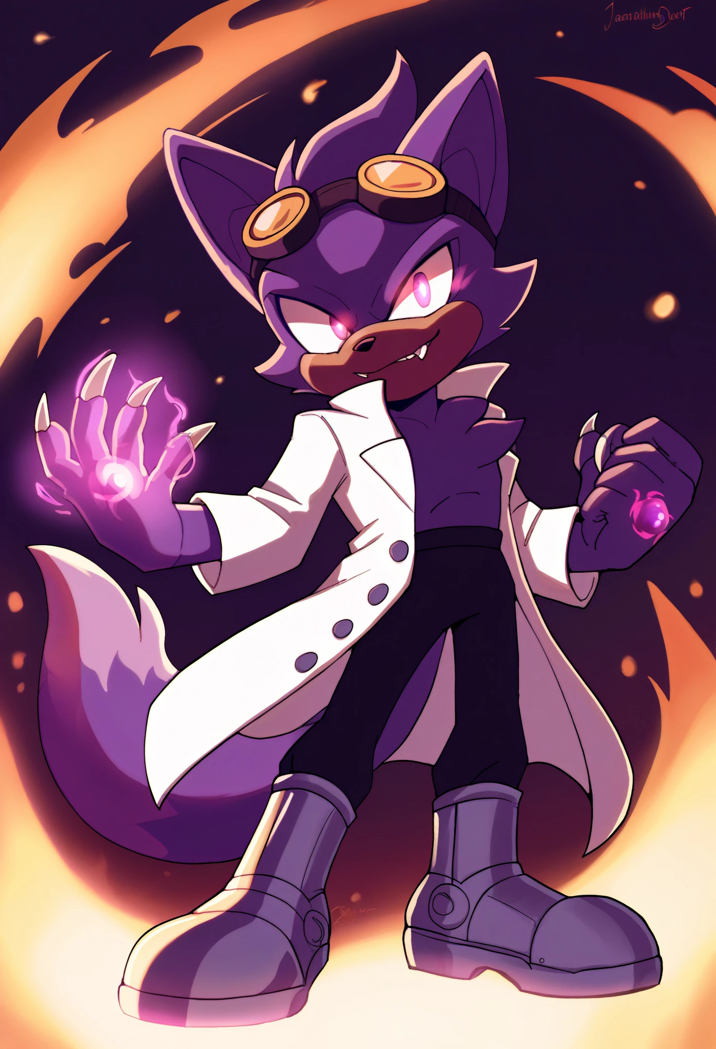 1boy, male fox mobian, anthropomorphic, galaxy fur, void black fur with stars, glowing purple eyes, mischievous smile, sharp vampiric fangs, wearing a white lab coat, black t-shirt, black pants, lab coat with various pockets, steel-toed boots, sharp steel claws, Goggles, amethyst gemstone on forehead and back of hands, wielding dark shadow flames, dark purple shadow energy, sleek and sharp figure, confident pose, space aesthetic, dark, cool lighting, mysterious, ethereal, focused, dynamic action scene, sci-fi, high quality, detailed, detailed face, extremely detailed eyes, masterpiece, 4k, 8k, high-res, ultra-detailed, physically-based rendering, vivid colors, studio lighting cinematic lighting, dramatic lighting, fantasy, dramatic composition, dynamic pose, volumetric lighting, glowing runes, ethereal runes, rune-covered body, magical aura, purple energy, enchanted markings, shadow magic, magical aura intricate details, glowing magical energy, Ethereal runes, glowing eyes, breathtaking scenery, enchanted markings, nature magic, intricate details, glowing magical energy, Full body
