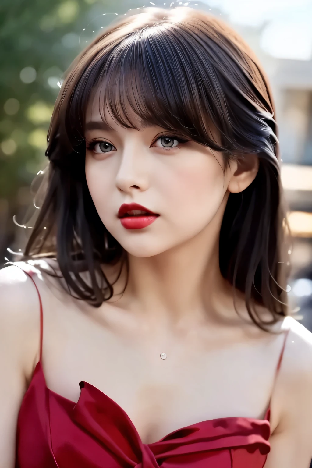 (masterpiece),(Best Quality:1.0), (Ultra-high resolution:1.0), Detailed illustrations, 8k, anime, One girl, beautiful anime girl, Wearing a red dress, corolla, Beautiful Face, Detailed face, Beautiful Eyes, Detailed eyes, Deep red eyes, Dark red lips, Red lipstick, Beautiful stylish hair, Hair highlights, bangs anime style, Best Quality, Vibrant