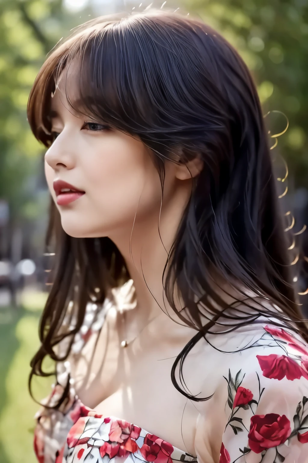 (masterpiece),(Best Quality:1.0), (Ultra-high resolution:1.0), Detailed illustrations, 8k, anime, One girl, beautiful anime girl, Wearing a detailed red lace dress, corolla, Beautiful Face, Detailed face, Beautiful Eyes, Narrow eyes、Detailed eyes, Deep red eyes, Dark red lips, Red lipstick, Beautiful stylish hair, Hair highlights, bangs anime style, Best Quality, Vibrant