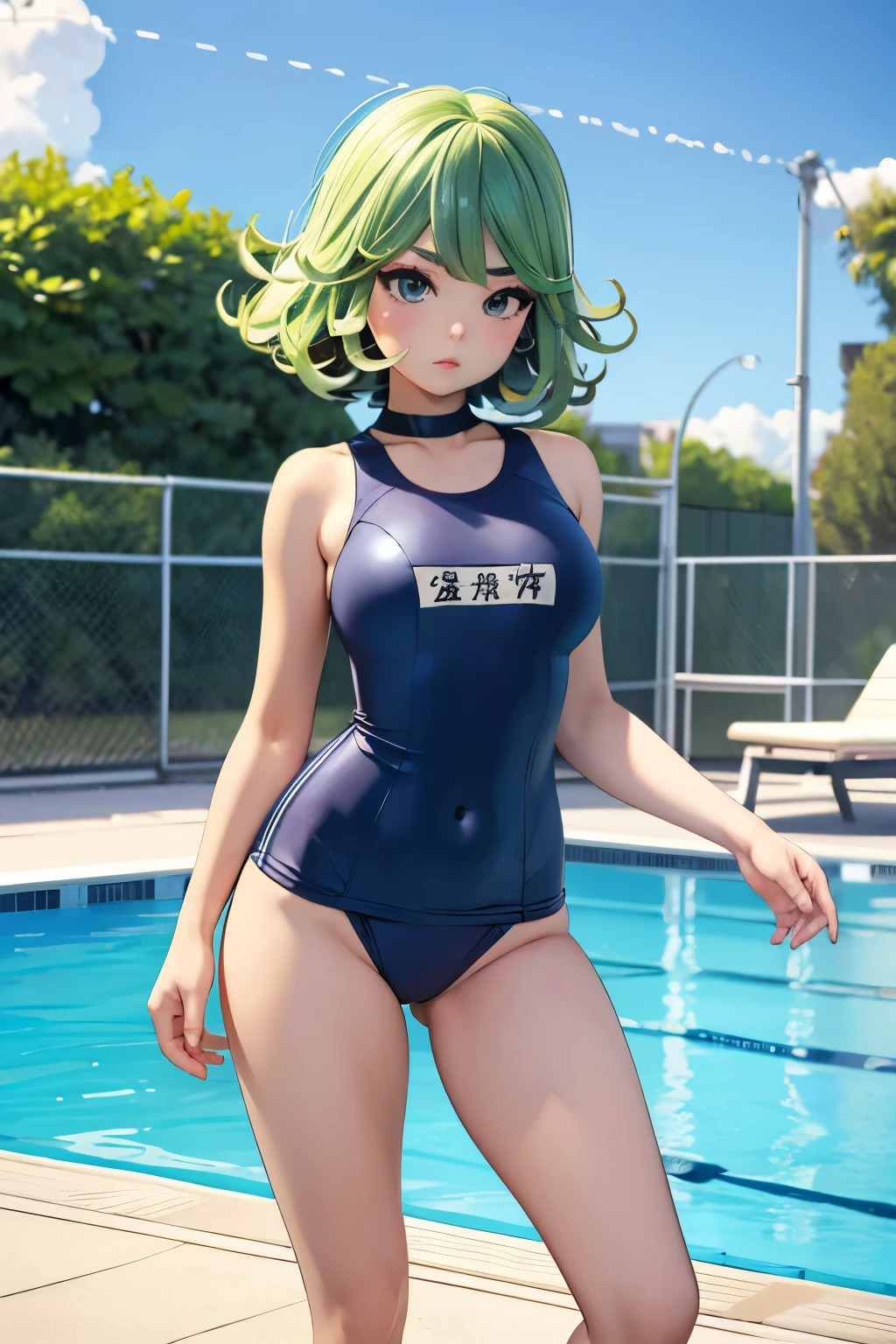 One girl, solo, High resolution, Tatsumaki/One Punch Man,Navy blue school swimsuit、Standing by the pool、Gravure idol