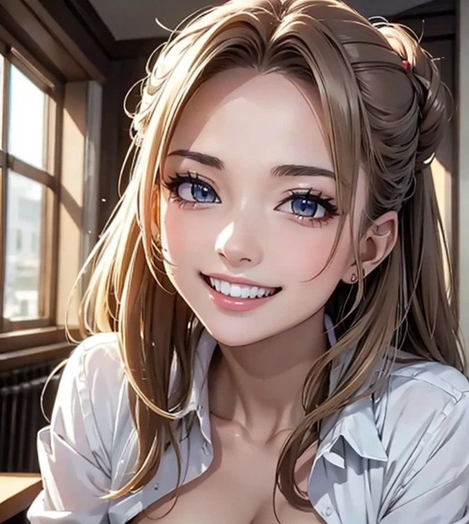 masterpiece, best quality, extremely detailed CG unity 8k wallpaper, (a beautiful girl),oil skin,intricate detail realism hdr,Photorealism, Hyperrealism, ultra realistic, dramatic light, intense shadows, gorgeous view, depth of field, Woman in business suit, Hair in a bunched up updo, (Mouth open:1.1, Teeth:1.0, Smile)